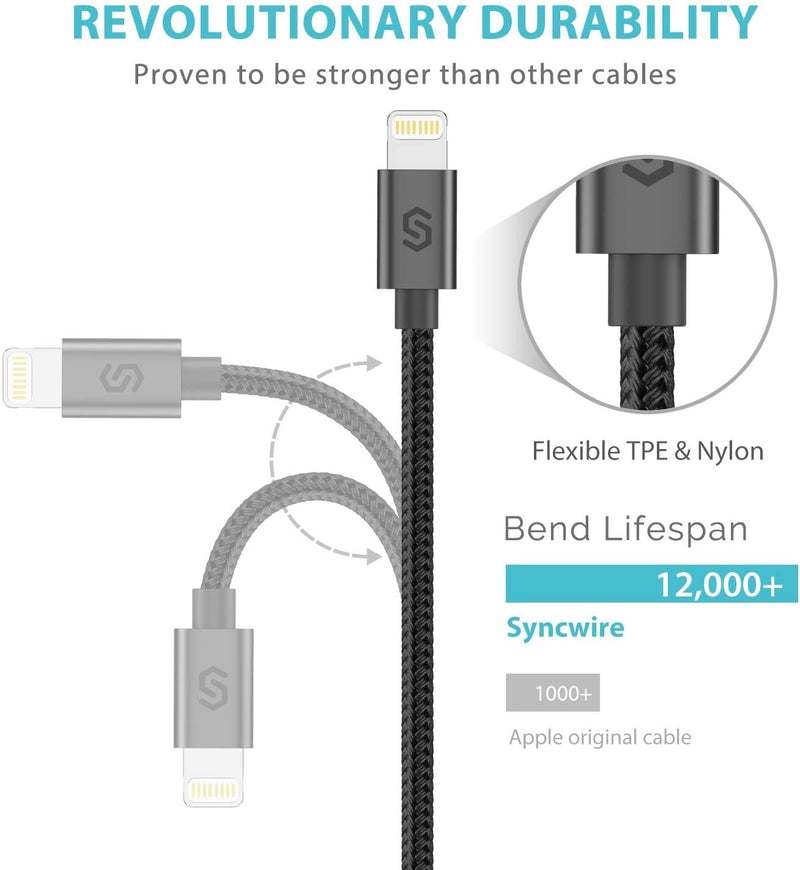 10 Feet iPhone Lightening Cable to USB-A Nylon Braided Fast Charging Black