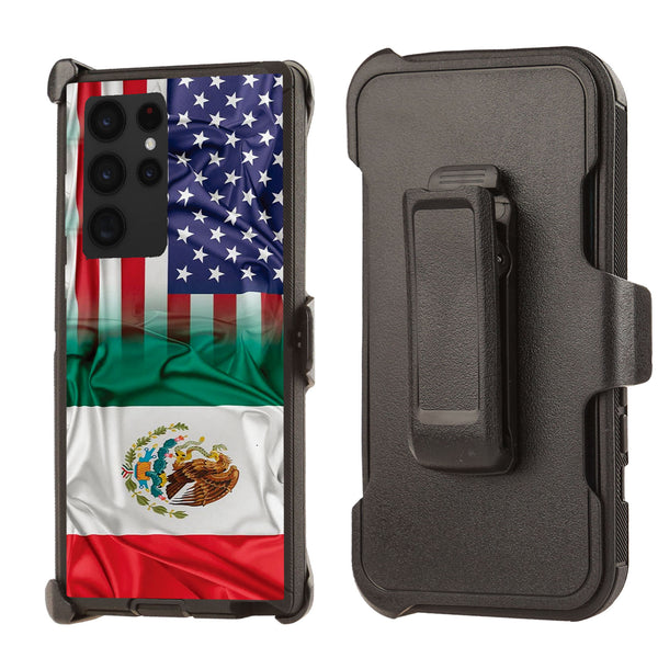 Shockproof Case for Samsung Galaxy S23 Ultra with Clip Mexico+ USA Flag