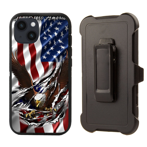 Shockproof Case for Apple iPhone 14 Eagle USA Flag Ripped Cover Rugged