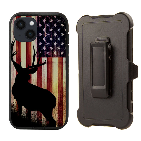 Shockproof Case for Apple iPhone 14 Plus/15 Plus (6.7 inch) Deer Contour USA Flag Cover