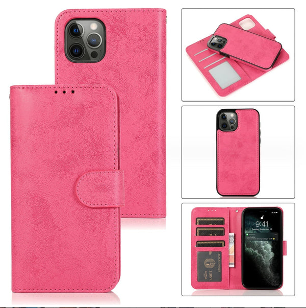 Magnetic Removable Wallet Flip Phone Case Cover For iPhone 13 Pro Max-Rose Pink