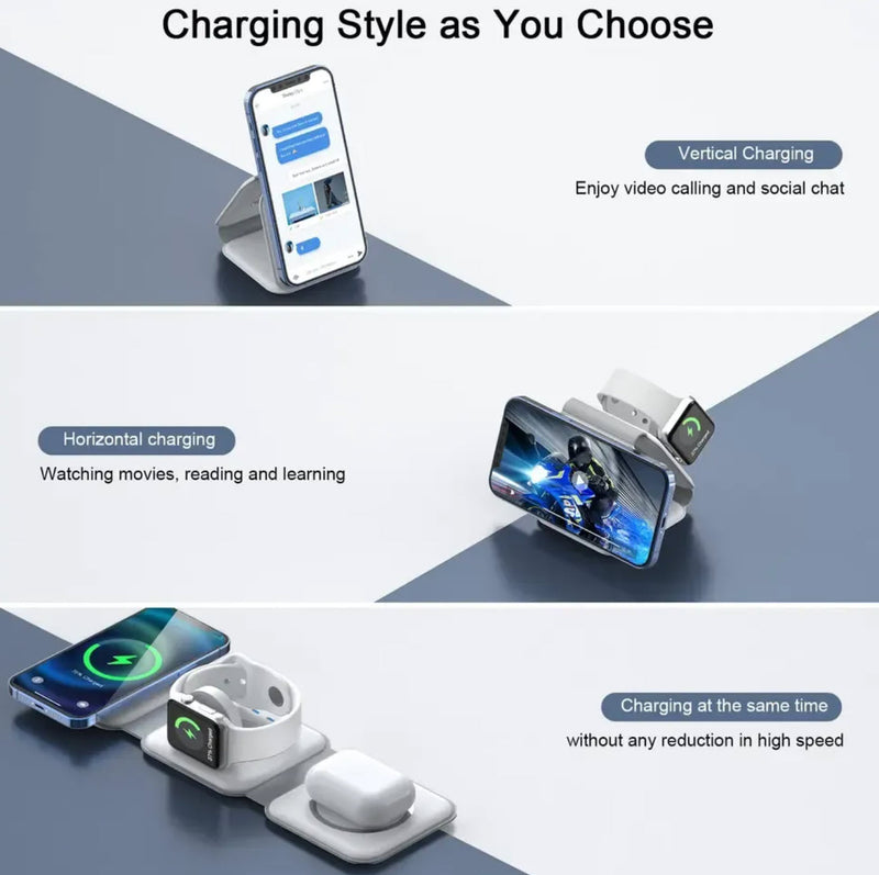 Travel Charger for Multi Devices Foldable 3 in 1 Wireless Charging
