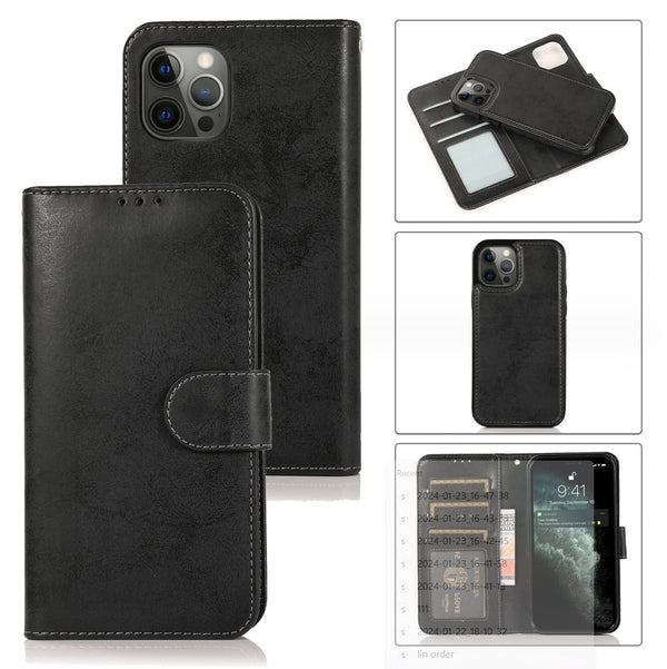 Magnetic Removable Wallet Flip Phone Case Cover For iPhone 13 Pro Max-Black