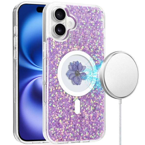 For iPhone 16 Plus 6.7 inch Magnetic Ring Circle Real Flower Glitter Hybrid Case Cover - Light Purple