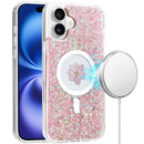 For iPhone 16 6.1 inch Magnetic Ring Circle Real Flower Glitter Hybrid Case Cover - Rose Gold