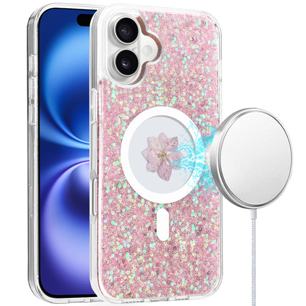 For iPhone 16 6.1 inch Magnetic Ring Circle Real Flower Glitter Hybrid Case Cover - Rose Gold