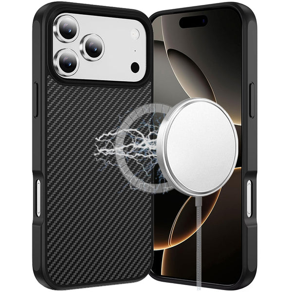 For iPhone 17 Pro Max Carbon Fiber Magnetic Ring Thick 2.0mm Hybrid Case - Black