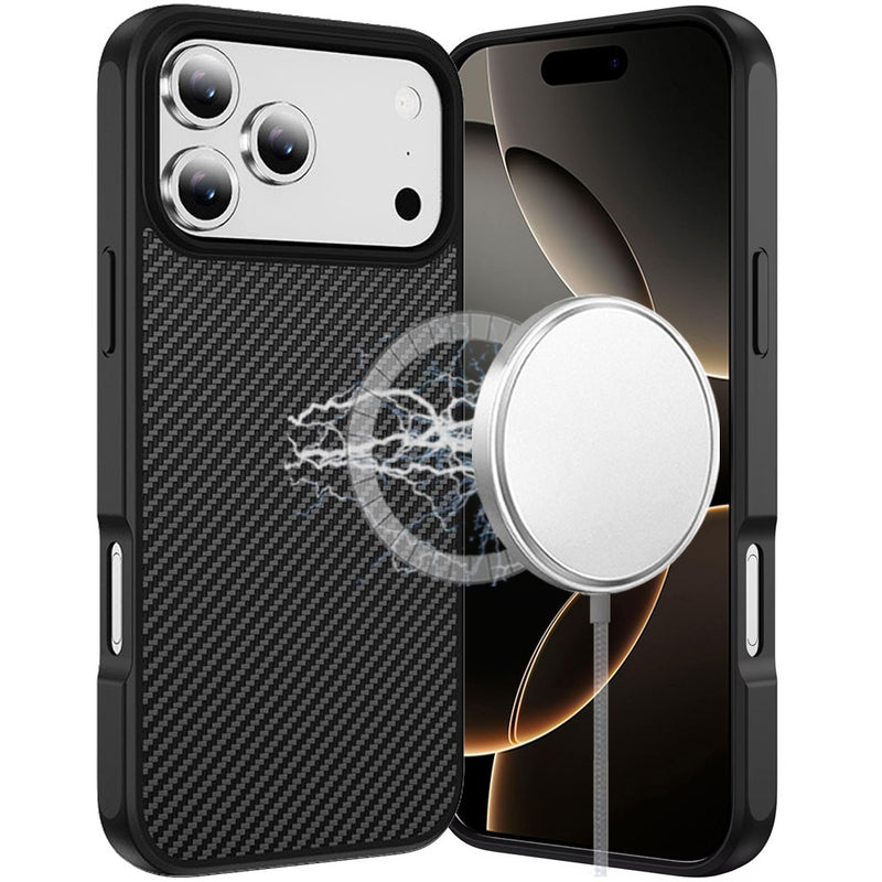 For iPhone 17 Pro Max Carbon Fiber Magnetic Ring Thick 2.0mm Hybrid Case - Black