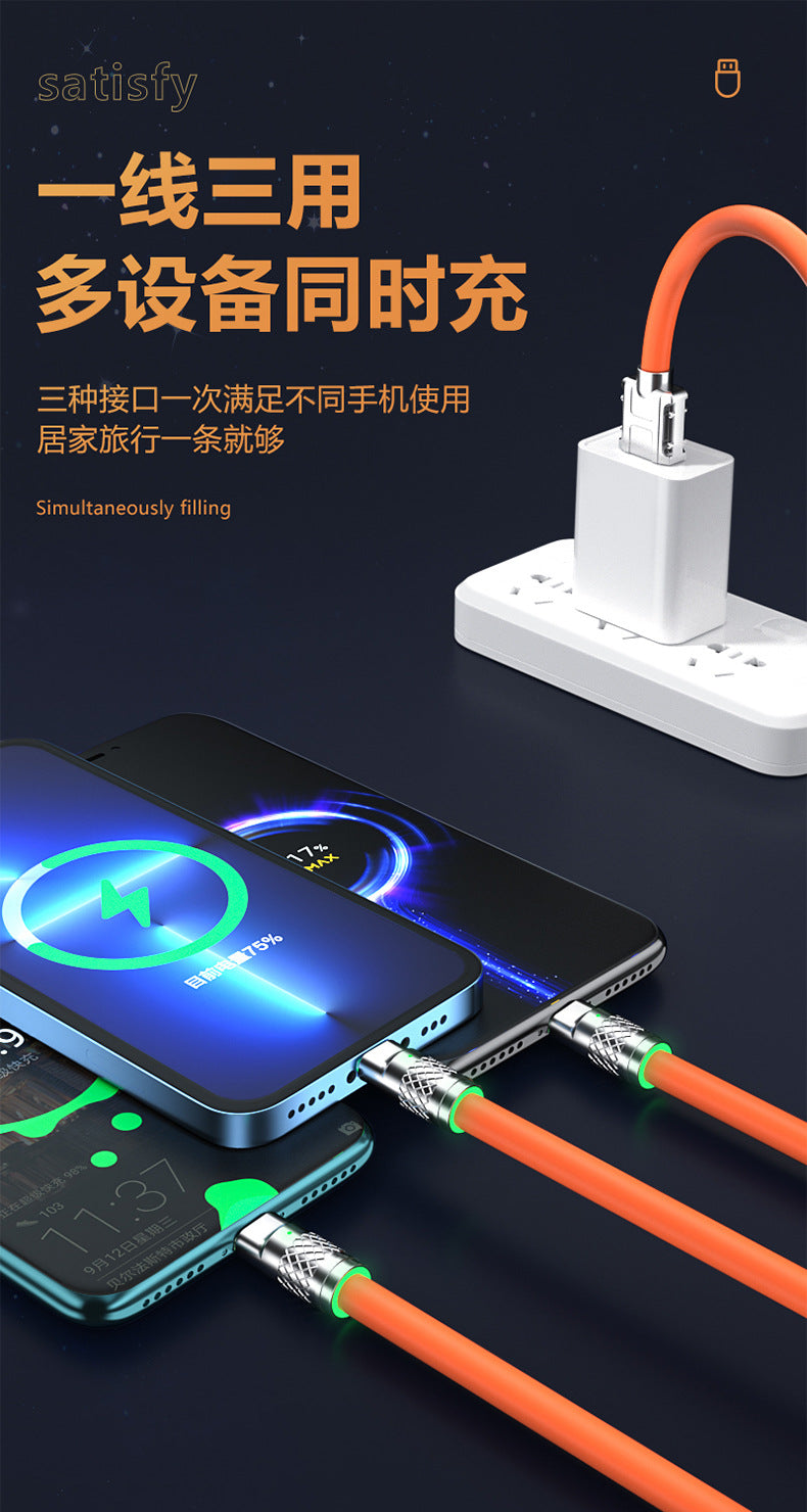 3 in 1 Zinc Alloy Strong Liquid Silicone Fast Multiple Charging Cord Cables iPhone / Micro USB/ Type-C