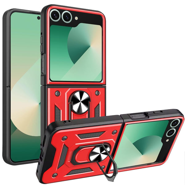 For Samsung Z Flip 7 Tough Metal Ring  Camera Window Hybrid Case  - Red