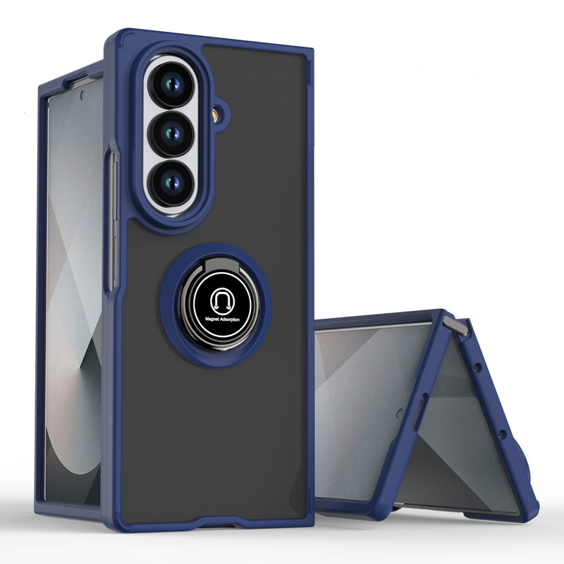 For Samsung Galaxy Z Fold 7 Unique Flip Magnetic Ring Stand Transparent Hybrid Case Cover - Clear+Blue