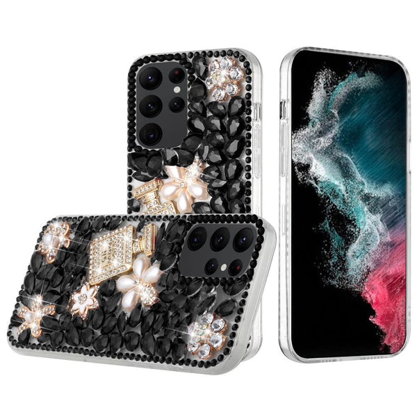 For Samsung S23 Ultra Full Diamond with Ornaments Case Cover - Pearl Flowers with Perfume Black