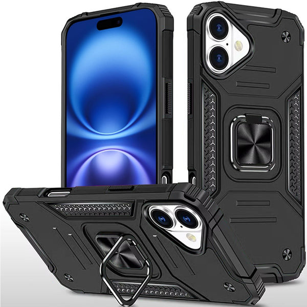 Apple iPhone 17 Armor Magnetic Case Hybrid Metal Ring Holder Stand-Black