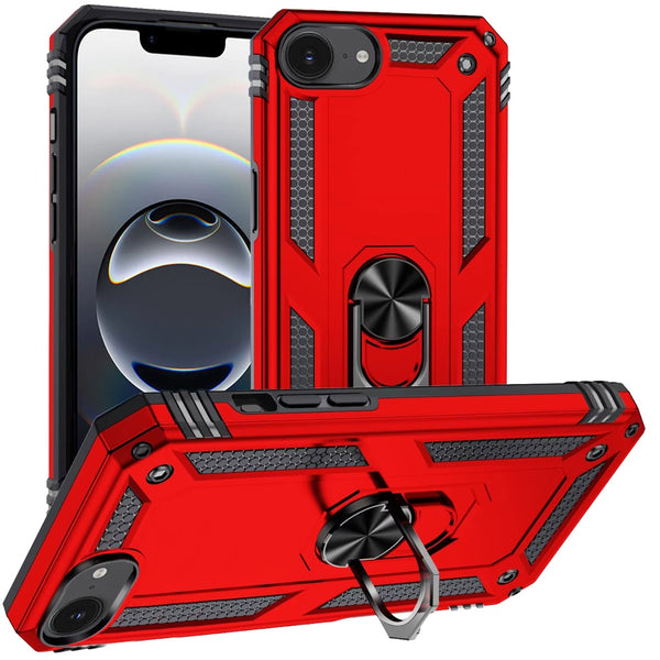 Apple iPhone 16E Magnetic Case Hybrid Metal Ring Holder Stand-Red