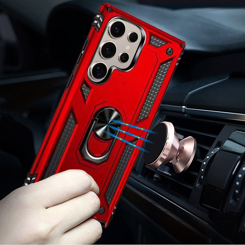 For Samsung S25 Ultra Ring Magnetic Kickstand Hybrid Case Cover - Red