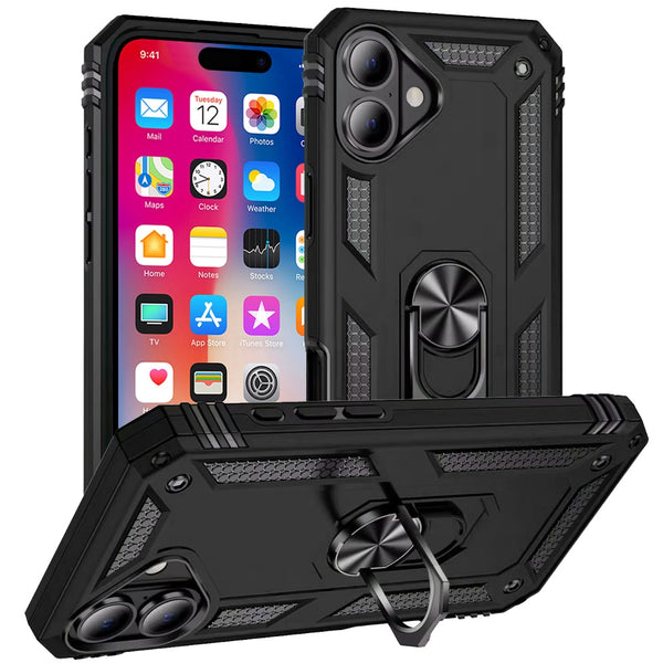 Apple iPhone 16 Armor Magnetic Case Hybrid Metal Ring Holder Stand