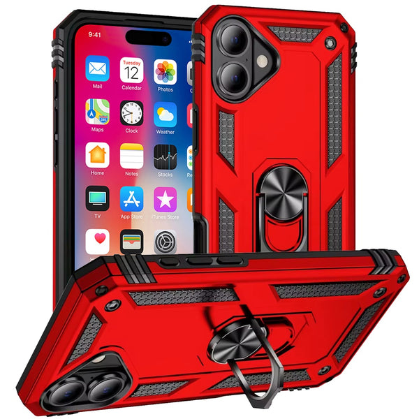 Apple iPhone 16 Armor Magnetic Case Hybrid Metal Ring Holder Stand Red