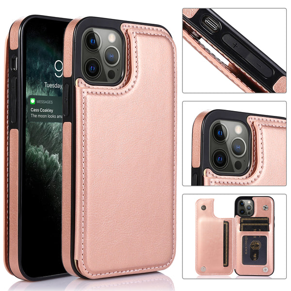 For Apple iPhone 13/14/15 (6.1") Wallet Card Case Magnetic Light Weight Stand-Rose Gold