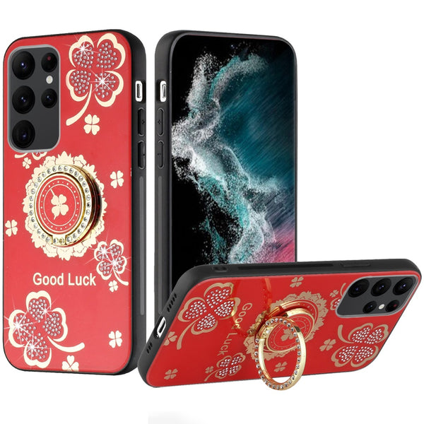 For Samsung A14 SPLENDID Diamond Glitter Ornaments Engraving Case Cover - Good Luck Floral Red