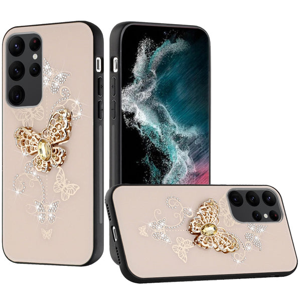 For Samsung A14 SPLENDID Diamond Glitter Ornaments Engraving Case Cover -  Garden Butterflies Gold