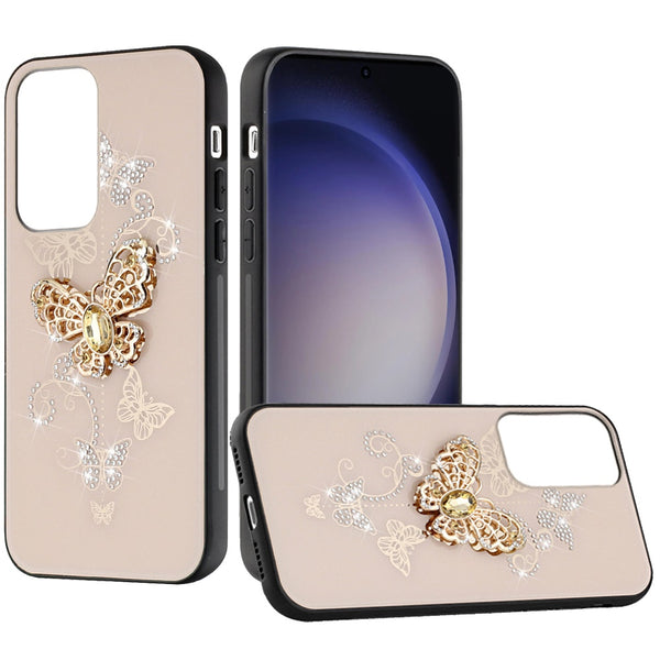 For Samsung S24 Ultra Diamond Glitter Ornaments Engraving Case Cover - Butterfly Rosegold