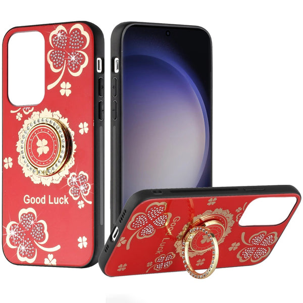 For Samsung S24 Ultra Diamond Glitter Ornaments Engraving Case Cover -  Good Luck Floral Red