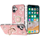 For iPhone 16 Plus Diamond Glitter Ornaments Engraving Case Floral Pink