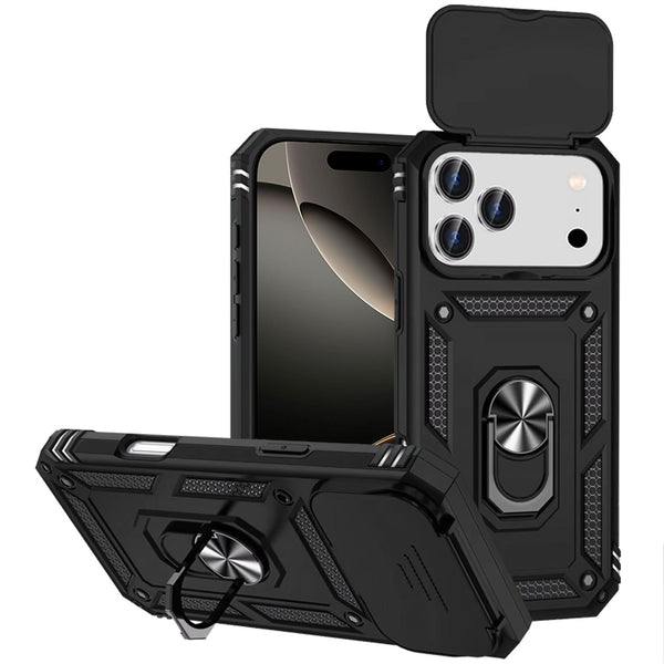 Apple iPhone 17 Pro Armor Magnetic Case Hybrid Metal Ring Holder Stand-Black
