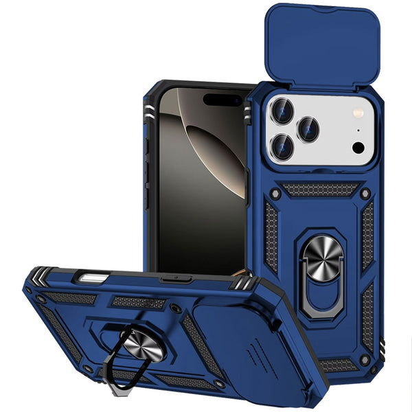 Apple iPhone 17 Pro Armor Magnetic Case Hybrid Metal Ring Holder Stand-Blue