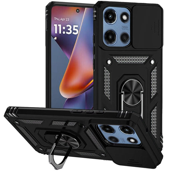 For Motorola G 5G/ G Play 5G 2025 Ring Magnetic Kickstand Hybrid Case Cover - Black