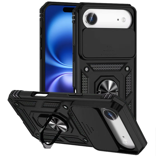 Apple iPhone 17 Air Armor Magnetic Case Hybrid Metal Ring Holder Stand-Black
