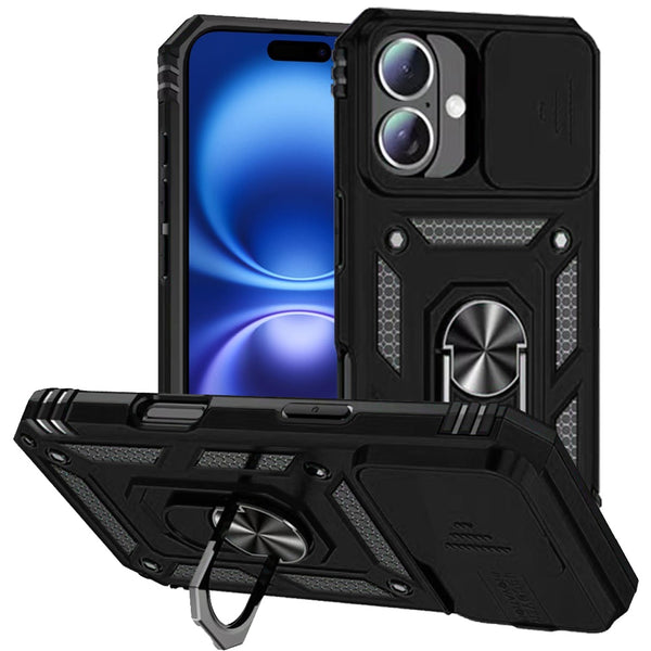 Apple iPhone 17 Armor Magnetic Case Hybrid Metal Ring Holder Stand-Black