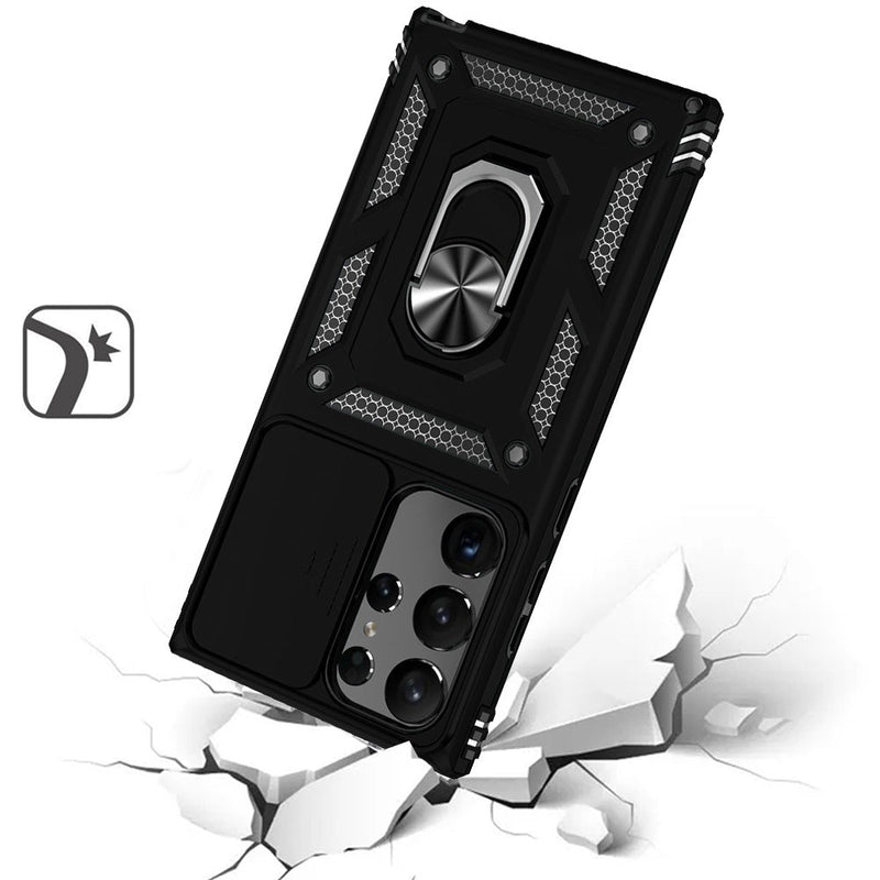 For Samsung S24 Ultra Ring Magnetic Kickstand Hybrid Case Cover - Black
