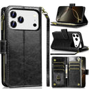 For iPhone 17 Pro Luxury Wallet Card ID Zipper Money Holder Case Cover - Black
