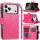 For iPhone 17 Pro Max Luxury Wallet Card ID Zipper Money Holder Case Cover - Pink