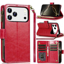 For iPhone 17 Pro Max Luxury Wallet Card ID Zipper Money Holder Case Cover - Red
