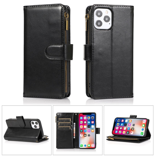 For Samsung S24 Luxury Wallet Card ID Zipper Money Holder Case Cover - Black