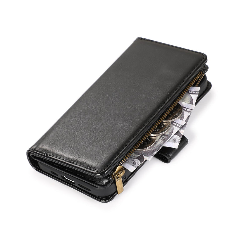 For Samsung S24 Luxury Wallet Card ID Zipper Money Holder Case Cover - Black