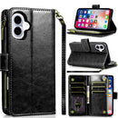 For iPhone 17 Luxury Wallet Card ID Zipper Money Holder Case Cover - Black