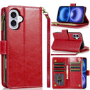 For iPhone 17 Luxury Wallet Card ID Zipper Money Holder Case Cover - Red