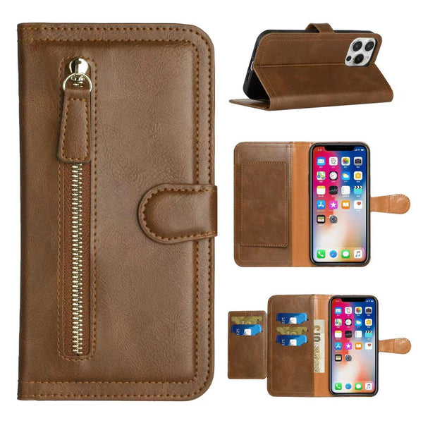 For Samsung Galaxy A54 Premium Wallet MultiCard Holder Money Zipper With Magnetic Flap-Brown