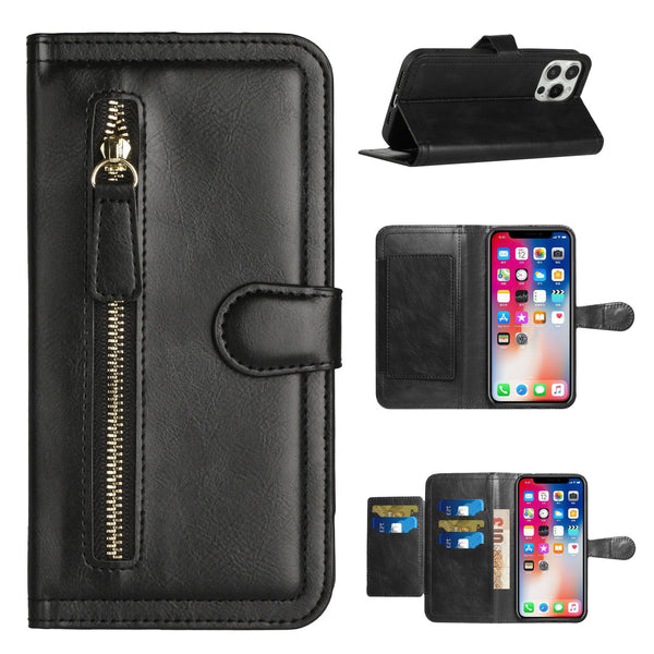 For Samsung Galaxy A03s 2022 Premium Wallet MultiCard Holder Money Zipper With Magnetic Flap - Black