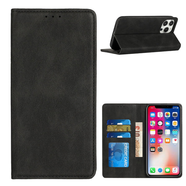 For Samsung A14 5G Wallet Premium PU Vegan Leather ID Card Money Holder with Magnetic Closure - Black