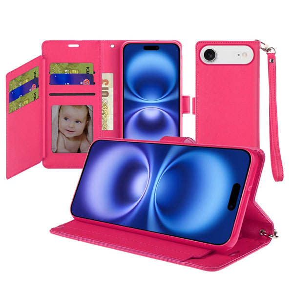 For iPhone 17 Air Wallet Case Double Fold with Extra Card Slots Pink