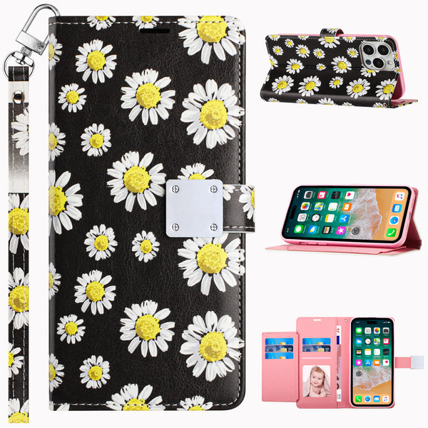 For Samsung S24 Ultra  Wallet With Lanyard Cover Case - White Daisy Flower