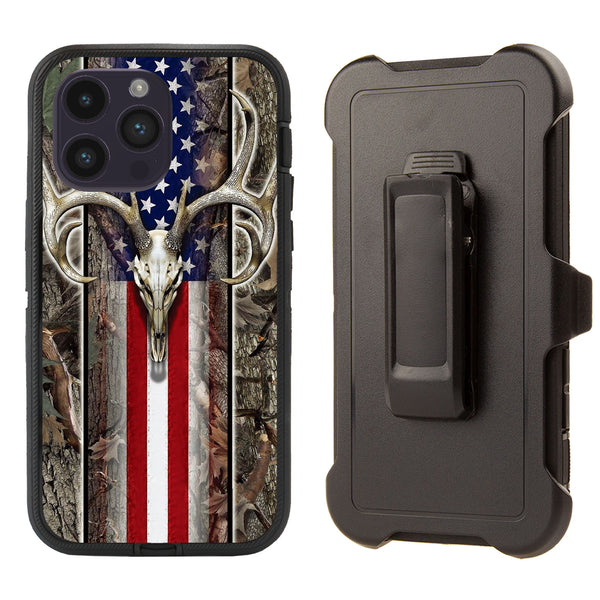 Shockproof Case with Clip for Apple iPhone 15 Pro Max Deer Skull Flag