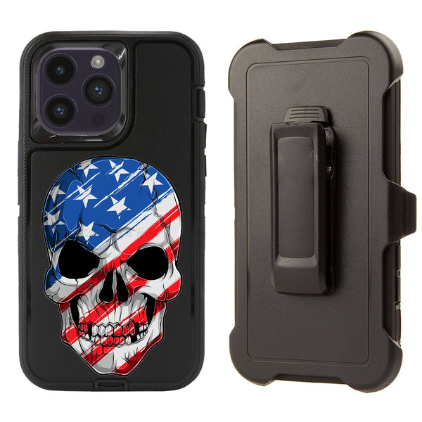 Shockproof Case for Apple iPhone 15 Pro Clip Rugged Heavy Duty Skull USA Flag
