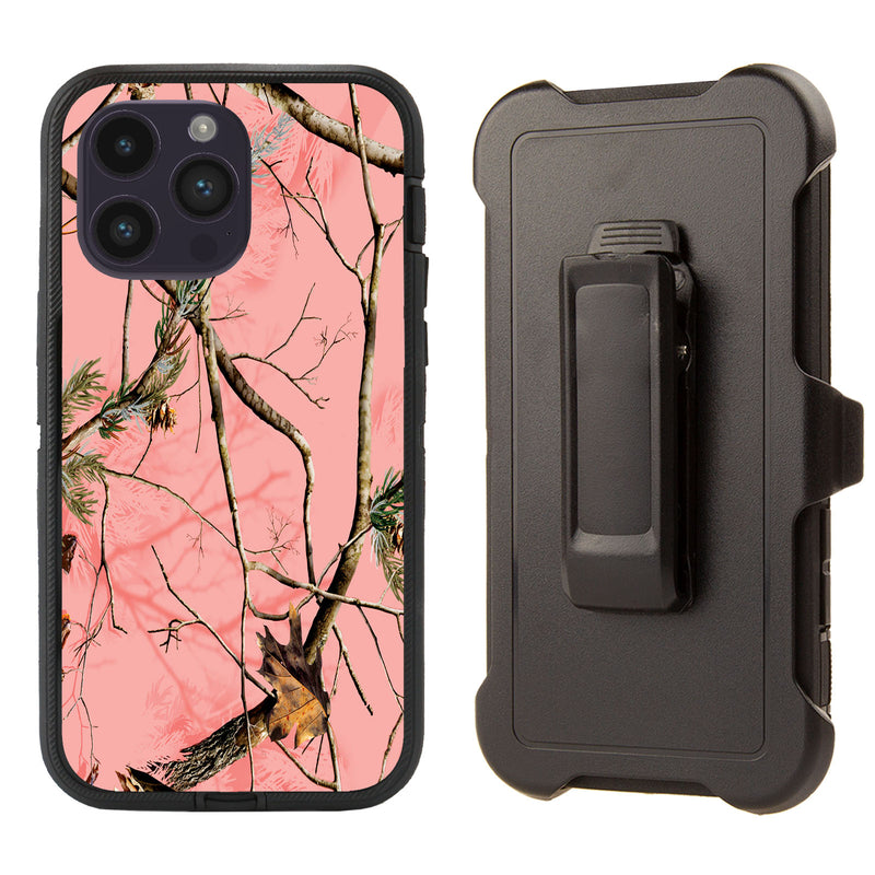 Shockproof Case for Apple iPhone 15 Pro Clip Rugged Heavy Duty Pink Camouflage