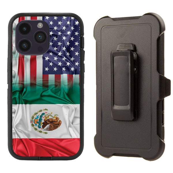 Shockproof Case for Apple iPhone 15 Pro Clip Rugged Heavy Duty USA+Mexico Flag