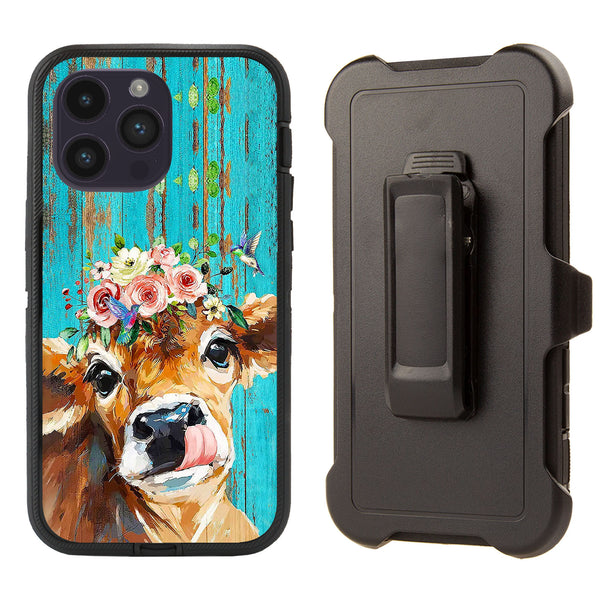 Shockproof Case for Apple iPhone 15 Pro Clip Rugged Heavy Duty Cute Cow